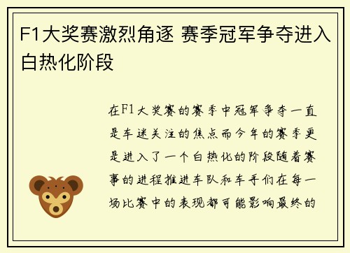 F1大奖赛激烈角逐 赛季冠军争夺进入白热化阶段